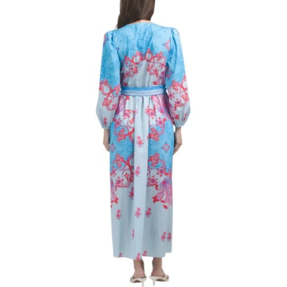 CELINA MOON Long Sleeve Belted Color Blocked Maxi Shirt Dress - Picture 2 of 4